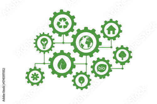 Ecology concept vector infographic. Abstract illustration of connected gears with icons. Eco friendly, energy, environment, green, recycle, bio, global sustainability concepts.