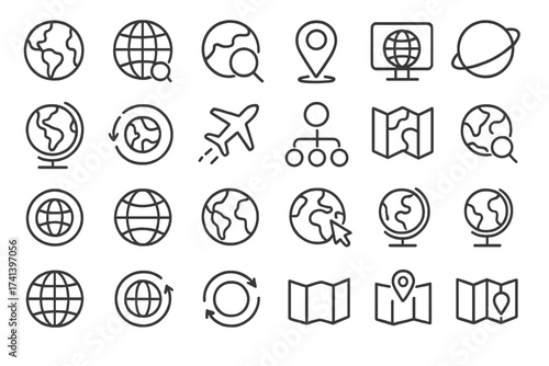 Globe and earth icon set. World map and planet line icons. Global business, travel, and navigation symbols. Vector collection of web pictograms, location pin, airplane.
