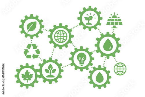 Green energy and ecology mechanism concept. Sustainable development illustration with connected gears and icons. Eco friendly, environment, recycle, bio and global network ideas. Vector.