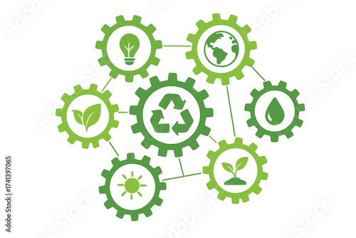 Ecology concept vector infographic. Abstract background with connected gears and icons for eco friendly, energy, environment, green, recycle, bio and global concepts.