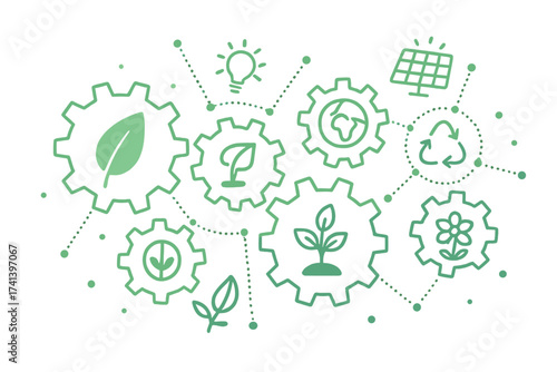Ecology system concept. Connected gears infographic with icons. Green technology for sustainable development. Eco friendly energy, environment protection, recycling, bio innovation.