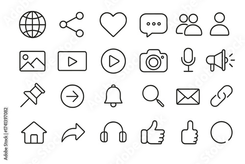 Media web icons set in thin line style. Social network, feedback, communication, and marketing concepts. Includes thumb up, like, share, and comment. Vector for app, UI, UX.