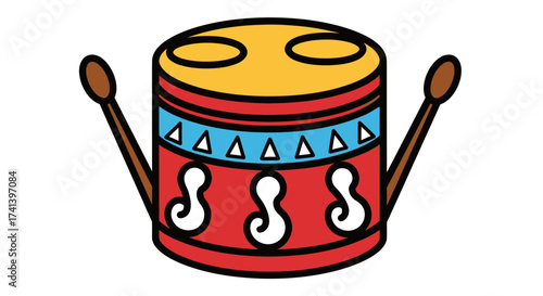 Colorful Cylindrical Drum with Drumsticks and Decorative Patterns.