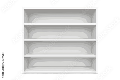 Empty white shop shelves for product display. Realistic vector bookshelf or store rack. Supermarket showcase for retail goods. 3D blank furniture mockup for interior design.