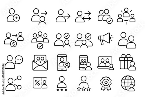Refer a friend line icon set. Referral program marketing signs. Customer acquisition, partnership symbols. Invite friends, loyalty reward, bonus gift, affiliate marketing pictograms.
