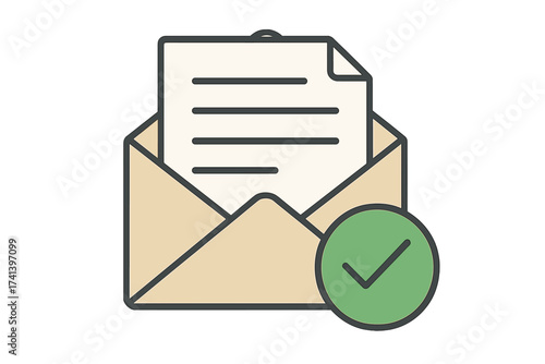 Mail envelope with document and green check mark icon. Approved message, successful verification, and confirmation concept. Email sent or task completed. Vector illustration.
