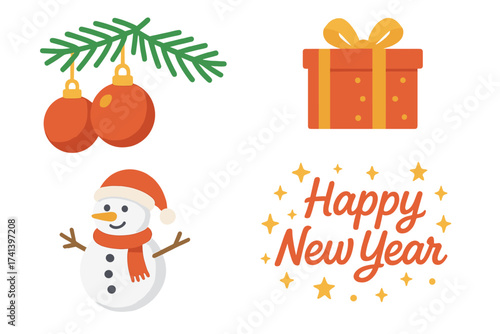 Christmas holiday vector icon set with snowman, gift box, festive ornaments on a pine branch. Happy New Year flat design graphic elements. Winter celebration illustration collection.