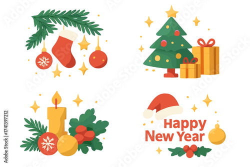 Set of Christmas and New Year illustrations. Cute 3D plasticine vector icons. Holiday collection with Xmas tree, gifts, Santa hat, candle, stocking and festive decorations.
