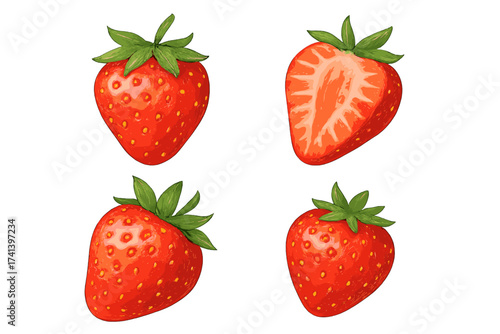 Set of realistic strawberry vector illustrations. Fresh red ripe strawberries, whole and cut in half. Juicy summer berry fruit for healthy eating, vegetarian and organic food.
