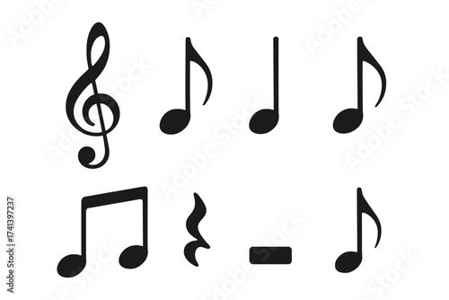 Set of musical notes vector icons. Black music elements. Treble clef, quarter, eighth note. Sound notation symbols. Melody, rhythm, song, harmony. Flat simple design asset.