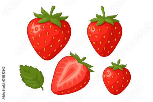 Set of fresh red strawberries vector illustration. Juicy ripe summer berry collection with whole, sliced half fruit and green leaf for healthy organic vegetarian diet food design.