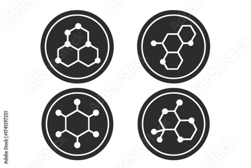 Molecule icon set. Hexagonal chemical structure symbol. Atom connection, science, and chemistry concept. Biotechnology, nanotechnology, and medical research vector logo design.