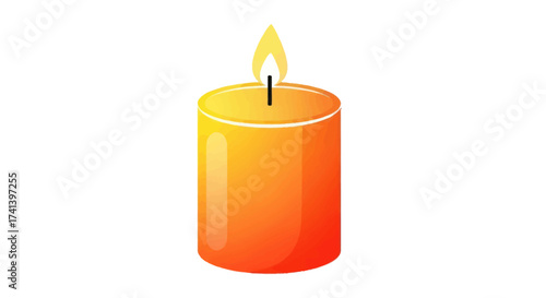 A lit cylindrical candle with a warm orange and yellow gradient emitting a bright flame.