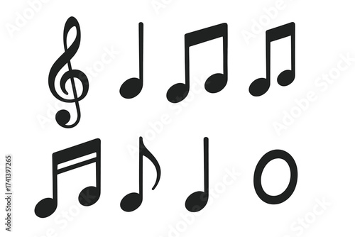 Set of musical notes vector icons. Black music note silhouettes. Treble clef, quarter, eighth, sixteenth, whole note symbols. Sound, melody, rhythm notation elements. Song illustration.