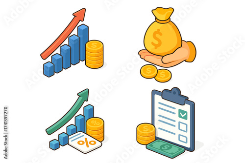 Isometric finance icon set for business. Concepts of income increase strategy, high return on investment, revenue growth, fund raising, interest rate, and budget balance.