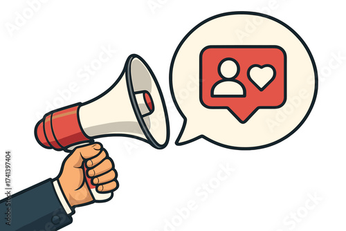 Hand holding megaphone with social media follower and like icon in speech bubble. Concept for digital marketing, SMM promotion, advertising, getting new subscribers and engagement.