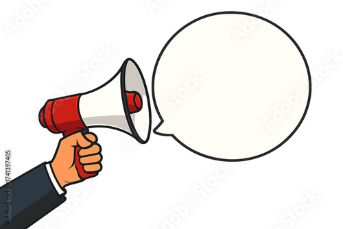 Male hand holding megaphone with speech bubble. Loudspeaker for business marketing, advertising. Man shouting. Important announcement, alert, promotion. Social media news. Vector.