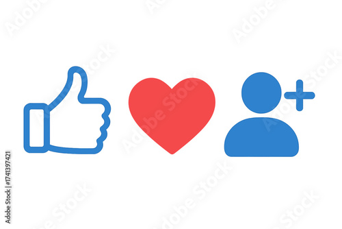 Social media icons set. Thumbs up for like, red heart for love, and a new follower add friend symbol. User engagement and communication concept. Flat vector illustration.