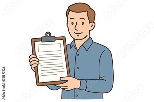 Businessman holding clipboard with document. Concept of tax invoice, payment, checklist, report, contract. Financial operations and paperwork. Vector character illustration.