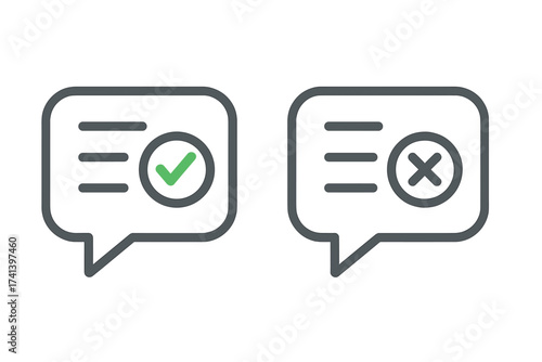 Speech bubble icons for dos and donts, like and dislike. Checkmark and cross symbols for feedback, review, survey. Checklist concept for evaluation quiz. Simple line art.