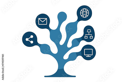 Digital media growth concept. Abstract technology tree with integrated icons for network, internet, communication and strategy. Metaphor for global connection and business marketing.