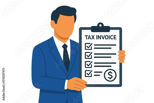 Businessman holds tax invoice clipboard. Financial document management. Accounting report with checklist. Concept for payment, budget, expenses, audit, and corporate finance.