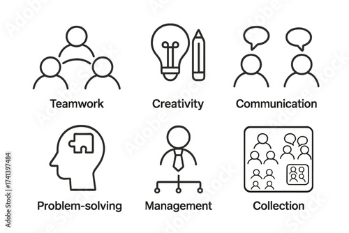 Soft skills icon set in a modern thin line style. Vector collection of business concepts like teamwork, creativity, communication, problem-solving, and management.