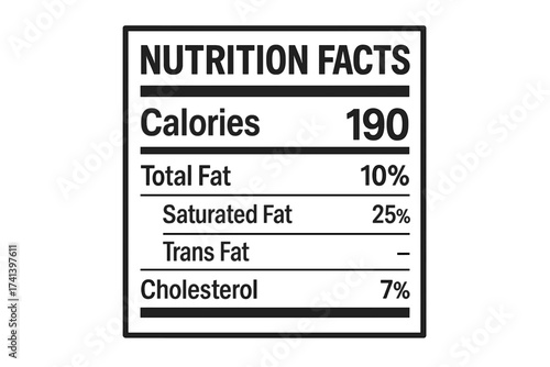 Nutrition facts label vector. Daily value information for food packaging. Table with calories, total fat, saturated fat, trans fat, cholesterol percent. Diet icon.