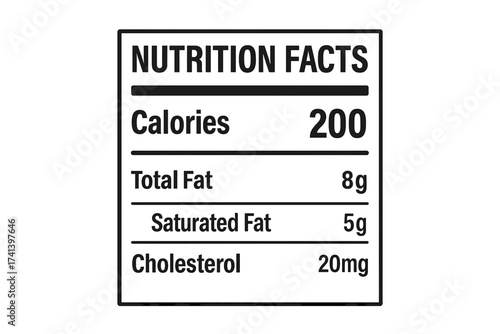 Nutrition Facts label vector illustration. Food packaging information template. Daily value chart with calories, fat, cholesterol data. Healthy diet ingredient guide for box.