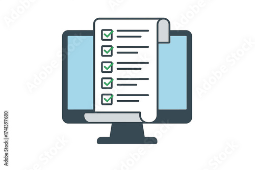 Online form survey on computer monitor. Digital questionnaire, exam or test results. Checklist document for internet evaluation, feedback and customer satisfaction concept.