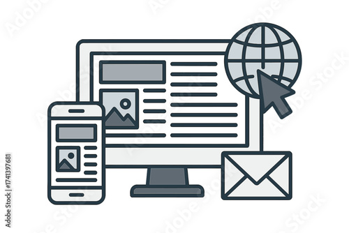 Online news on internet newspaper. Information website vector illustration. Responsive web design on computer and mobile phone. Global communication, email newsletter marketing.