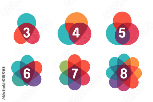 Abstract colorful vector infographic templates set. Numbered options from 3 to 8 for business diagram, workflow layout, presentation steps, process chart, or web banner design.