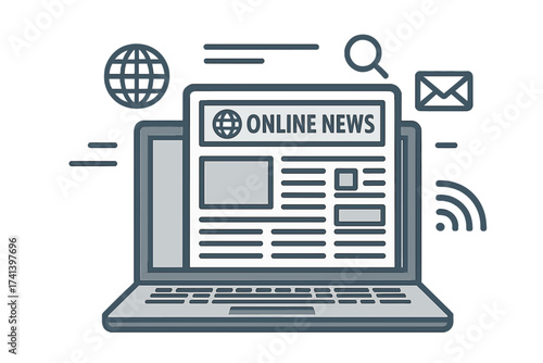 Online news on laptop. Internet newspaper, digital media publication. Journalism and information website concept. Flat design vector illustration with communication icons.