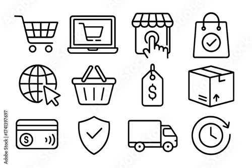 Online shopping & e-commerce line icon set. Web store, retail business, delivery service symbols. Internet purchase, payment, shipping & marketing vector pictograms for UI/UX.