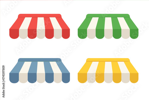 Striped awning vector set. Storefront sunshade canopy for shop or market. Classic retro outdoor tent for restaurant or cafe exterior. Colorful red green blue yellow design.