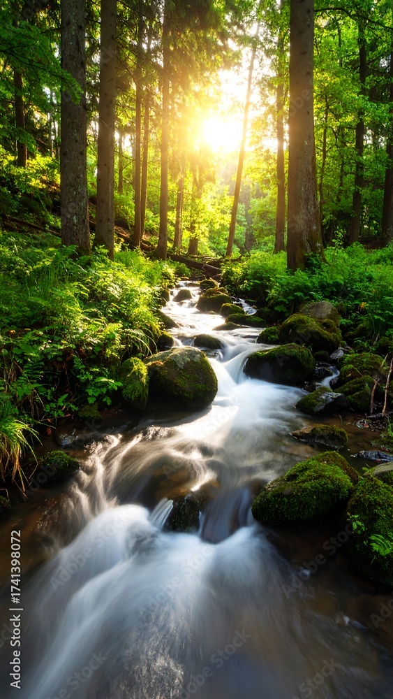 Fototapeta premium Sunlight streams through a lush forest, illuminating a babbling brook