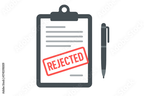 Rejected application concept. Clipboard with document and red rejected stamp. Denial, failure, or refusal of job, credit, or visa application. Flat design vector illustration.