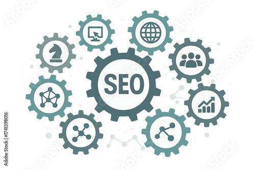 SEO search engine optimization mechanism concept. Integrated gears and icons for strategy, digital marketing, internet, network, analytics, social media. Infographic vector.