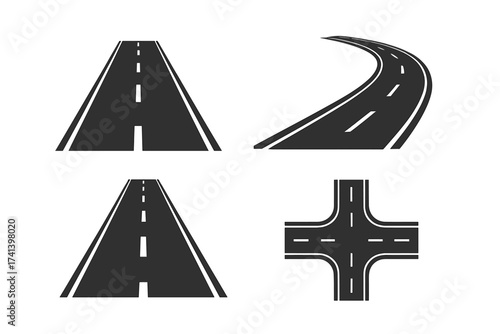 Road and highway vector illustration set. Straight, curved, and intersection street elements. Journey, travel, and transport concept icons. Asphalt path and route collection for design.