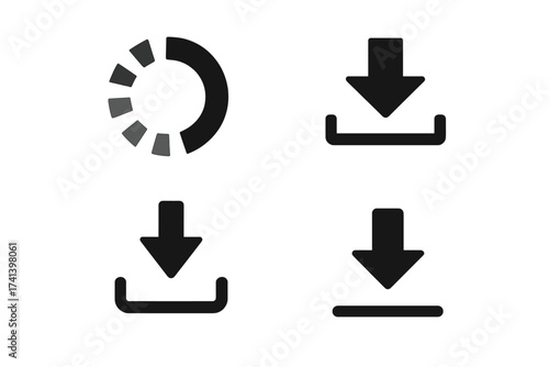 Set of simple black loading and download icons, web and UI vector illustrations, loading indicator and download arrow signs, digital user interface symbols, transparent background