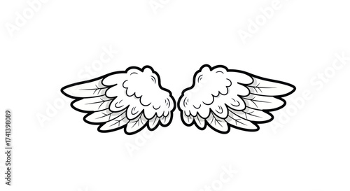 Stylized white feathered wings with black outline cartoon style.