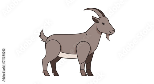 Cartoon illustration of a standing grey goat with curved horns.