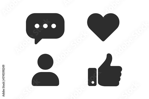 Social network icon set with speech bubble, heart, user profile, and thumbs up symbols for web, app, marketing, promotion, SMM, CEO and business digital communication design