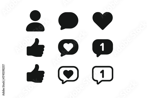 Social Network Icons for Web and App, Likes and Hearts, Chat Bubbles, Thumbs Up Symbols with Notification, Marketing, SMM, Promotion, Business Vector Illustration