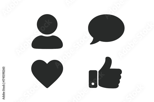 Social Network Icons with Likes and Engagement Symbols. User Profile, Chat Bubble, Heart, and Thumbs Up for Web, Internet, App, Advertisement, Marketing, SMM, Business, CEO Vector Illustration