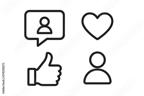 Social network icons set with like, comment, heart, and user symbols for web, internet, app, social media marketing, promotion, business, CEO, SMM vector illustration