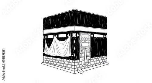 Detailed Black and White Illustration of the Kaaba Structure.