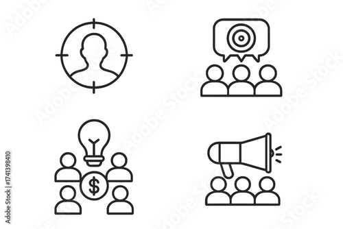 Target market concept icons, audience focus group, crowdsourcing and crowdfunding, public relations strategy, business team collaboration, creative idea sharing, financial support vector illustration