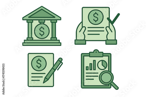 Tax payment and financial report concepts. Government and state taxes, debt payment, financial research, data analysis, paperwork, banking and investment documents. Flat vector illustration.
