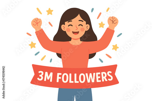 Social media milestone celebration with 3 million followers banner, happy blogger cheering success, social network achievement, online influencer gratitude, vector illustration